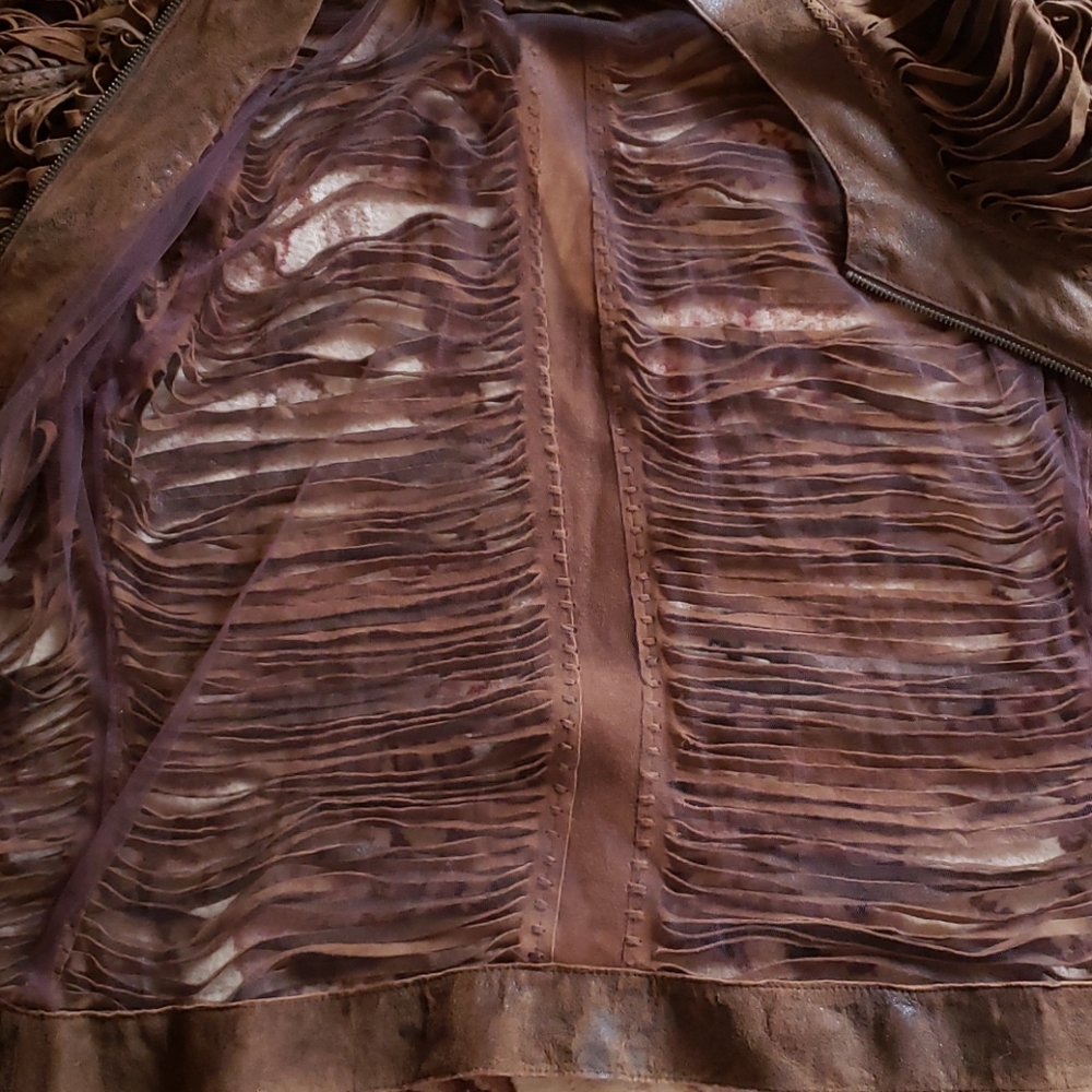 Natto leather shredded slashed mesh fringe jacket - Picture 5 of 12